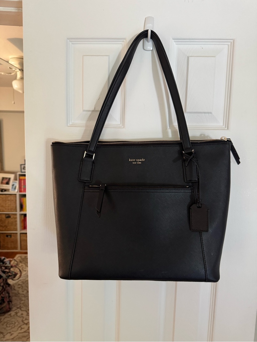 kate spade Black Saffiano Leather Tote with Front Zip Pocket